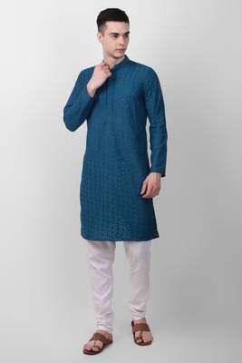 Teal cotton fabric smart sequins work festive wear indian traditional look men's kurta 1