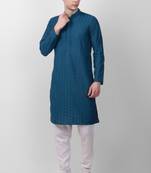 Teal cotton fabric smart sequins work festive wear indian traditional look men's kurta