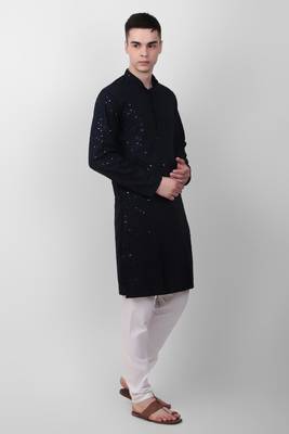 Navy blue cotton fabric smart sequins work festive wear indian traditional look men's kurta 4