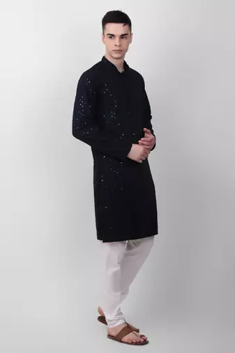 Navy blue cotton fabric smart sequins work festive wear indian traditional look men's kurta