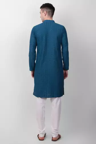 Teal cotton fabric smart sequins work festive wear indian traditional look men's kurta