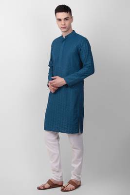 Teal cotton fabric smart sequins work festive wear indian traditional look men's kurta 3