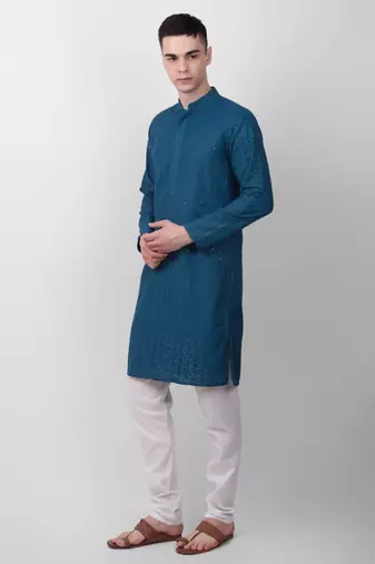 Teal cotton fabric smart sequins work festive wear indian traditional look men's kurta