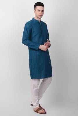 Teal cotton fabric smart sequins work festive wear indian traditional look men's kurta 4