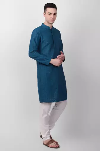 Teal cotton fabric smart sequins work festive wear indian traditional look men's kurta