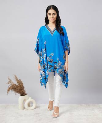 Azure blue embellished floral kaftan top 1