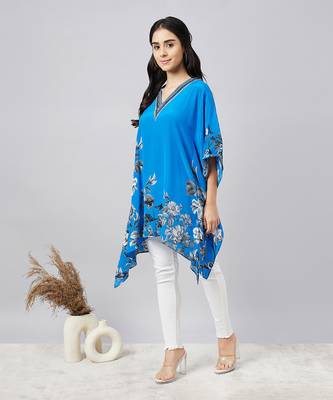 Azure blue embellished floral kaftan top 2