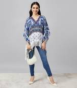 White and blue porcelain print embellished kaftan top