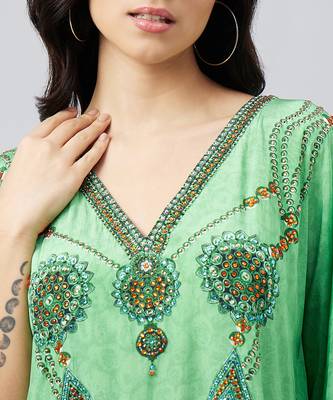 Parrot green pearl embellished kaftan tunic 5