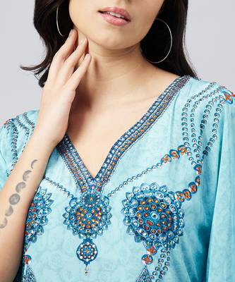 Sky blue pearl embellished kaftan tunic 5