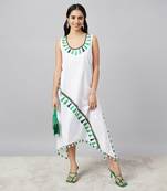 Green print cotton poplin a-line tassel dress