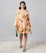 Yellow print cotton lycra floral wrap-around dress