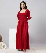 Red cotton smocked maxi dress