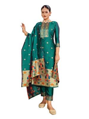 Rama Paithani silk blend Unstitched Dress Material 1