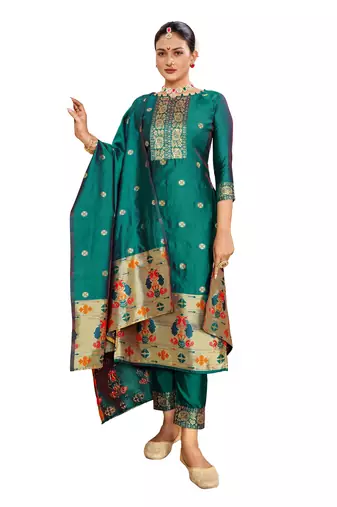 Rama Paithani silk blend Unstitched Dress Material
