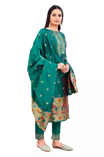 Rama Paithani silk blend Unstitched Dress Material