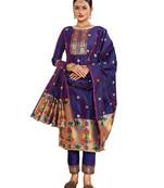 Kimisha women's royal blue paithani silk unstitched dress material