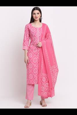 Myaza women pink gotta patti rayon bandhani printed kurta pant with dupatta set 1