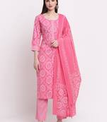 Myaza women pink gotta patti rayon bandhani printed kurta pant with dupatta set