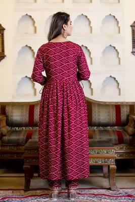 Myaza women maroon embroidered rayon bandhani printed kurta pant with dupatta set 2
