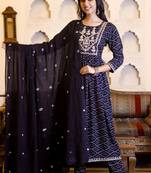 Myaza women blue embroidered rayon bandhani printed kurta pant with dupatta set