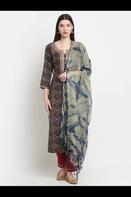 Myaza women blue embroidered rayon printed kurta pant with dupatta set 1