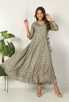 Turquoise geometric printed with mirror work flared anarkali kurta 1