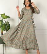 Turquoise geometric printed with mirror work flared anarkali kurta