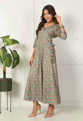 Turquoise geometric printed with mirror work flared anarkali kurta 2