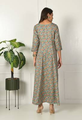 Turquoise geometric printed with mirror work flared anarkali kurta 3