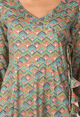 Turquoise geometric printed with mirror work flared anarkali kurta 4