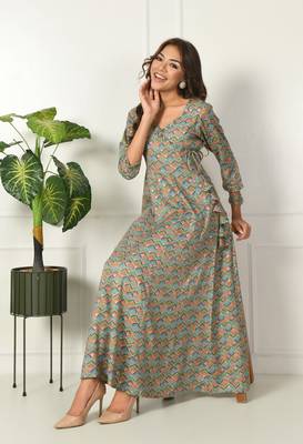 Turquoise geometric printed with mirror work flared anarkali kurta 5