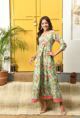 Turquoise floral printed with embroiedery work flared anarkali kurta 1
