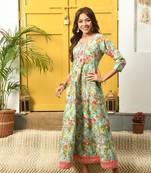 Turquoise floral printed with embroiedery work flared anarkali kurta