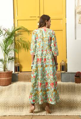 Turquoise floral printed with embroiedery work flared anarkali kurta 2