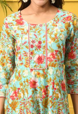 Turquoise floral printed with embroiedery work flared anarkali kurta 3