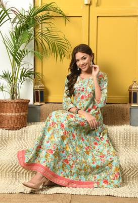 Turquoise floral printed with embroiedery work flared anarkali kurta 4