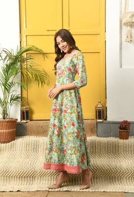 Turquoise floral printed with embroiedery work flared anarkali kurta 5