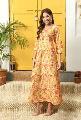 Mustard floral printed with mirror work flared anarkali kurta 1