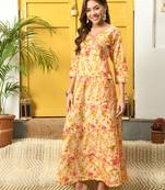 Mustard floral printed with mirror work flared anarkali kurta