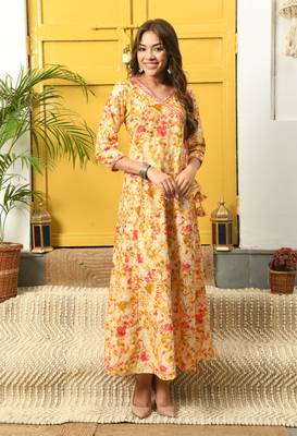 Mustard floral printed with mirror work flared anarkali kurta 2