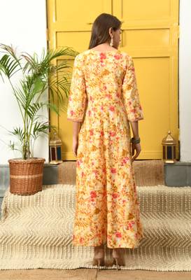 Mustard floral printed with mirror work flared anarkali kurta 3
