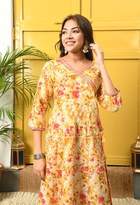 Mustard floral printed with mirror work flared anarkali kurta 4