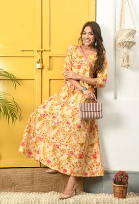 Mustard floral printed with mirror work flared anarkali kurta 5
