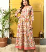 Grey floral printed with embroidered work flared anarkali kurta