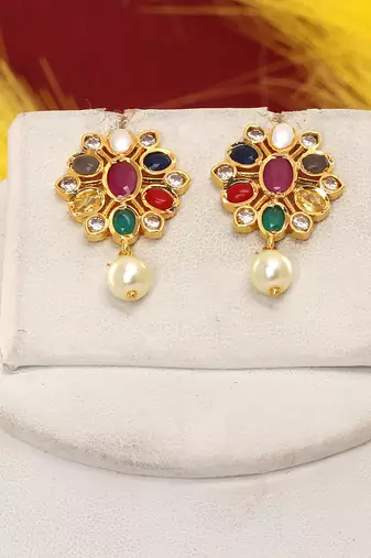 Cz stone studded pendant set with semi precious beads