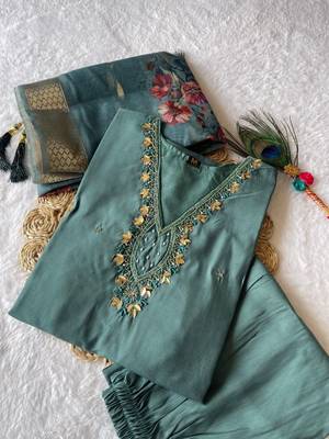 Purple  hand work with roman silk straight kurti pant set 1