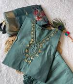 Purple  hand work with roman silk straight kurti pant set