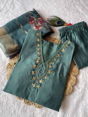 Purple  hand work with roman silk straight kurti pant set 2