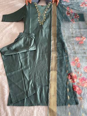 Purple  hand work with roman silk straight kurti pant set 3